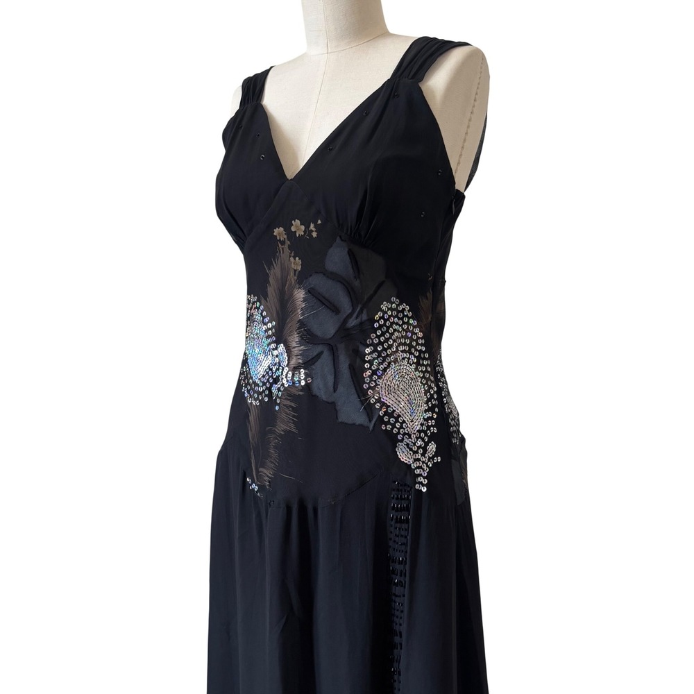 Bracha Black Sequin Beaded Asymmetrical Animal Print Velvet Burnout Maxi Gown s